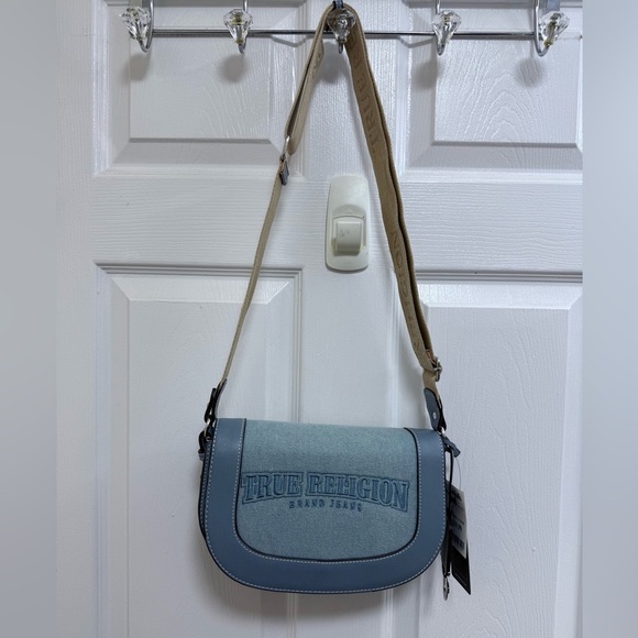 NWT True Religion Blue and Tan Logo Saddle Crossbody Bag - Picture 1 of 7